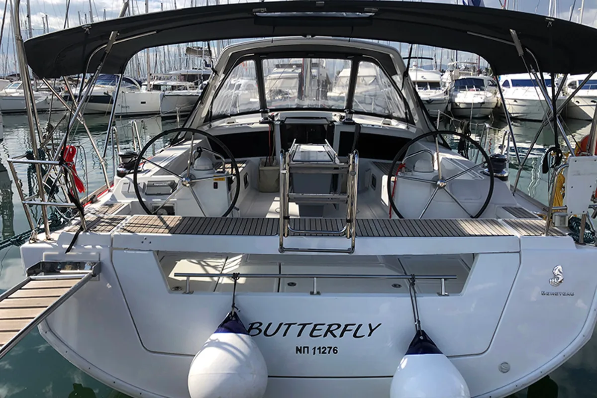Cockpit of Butterfly, a Beneteau Oceanis 48 sailboat at Kontokali, Greece