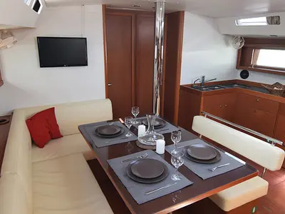 Salon of Butterfly, a Beneteau Oceanis 48 sailboat at Kontokali, Greece