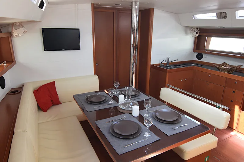 Salon of Butterfly, a Beneteau Oceanis 48 sailboat at Kontokali, Greece