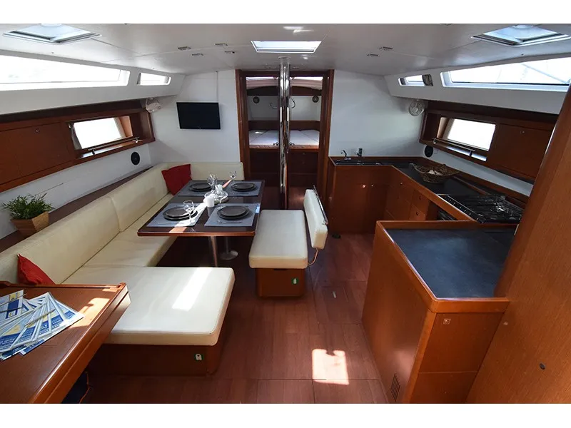Salon of Butterfly, a Beneteau Oceanis 48 sailboat at Kontokali, Greece