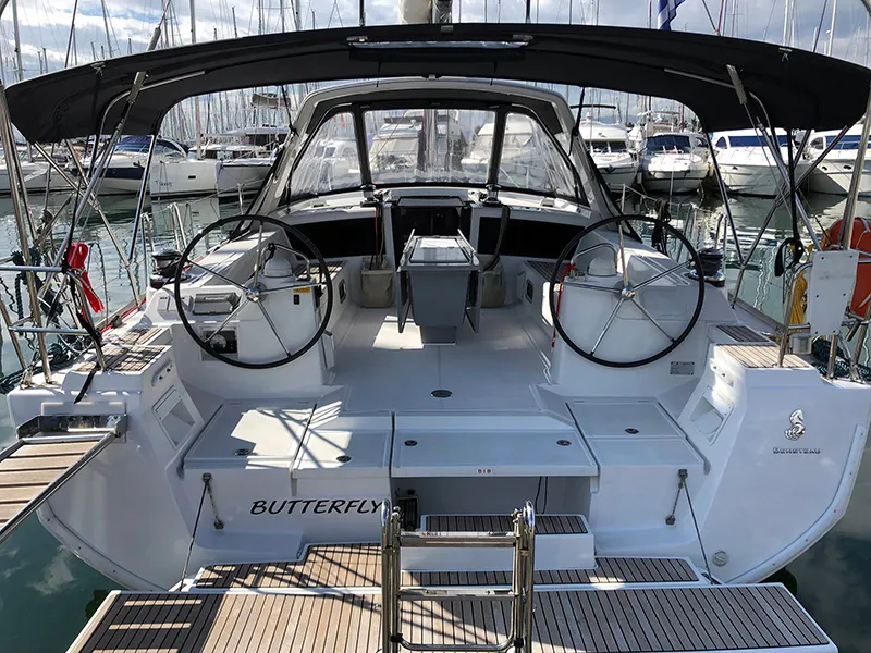 Deck of Butterfly, a Beneteau Oceanis 48 sailboat at Kontokali, Greece