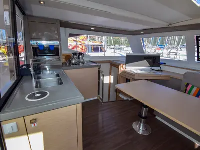 Galley of Coco D, a Fountaine Pajot Lucia 40 catamaran at Marmaris, Turkey