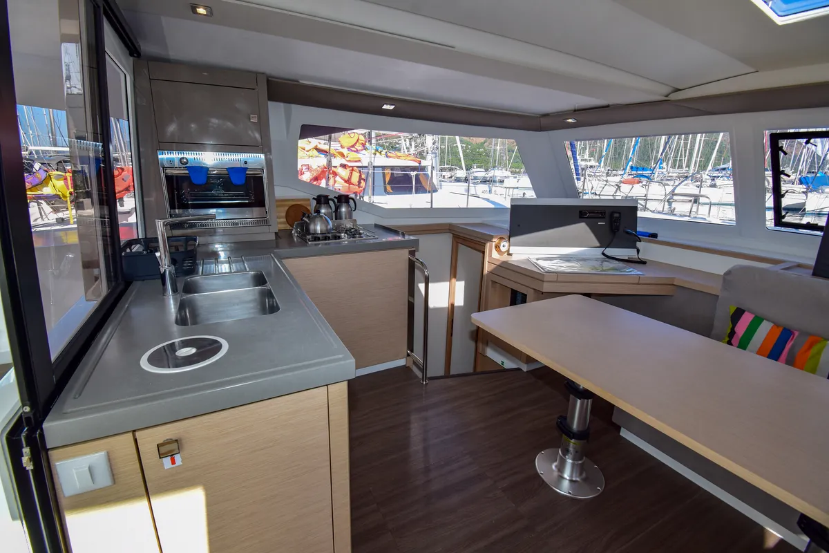 Galley of Coco D, a Fountaine Pajot Lucia 40 catamaran at Marmaris, Turkey