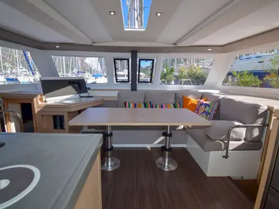 Salon of Coco D, a Fountaine Pajot Lucia 40 catamaran at Marmaris, Turkey