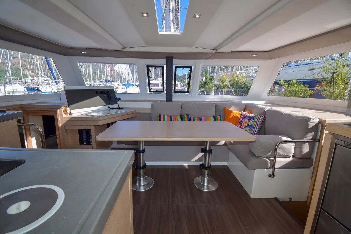 Salon of Coco D, a Fountaine Pajot Lucia 40 catamaran at Marmaris, Turkey