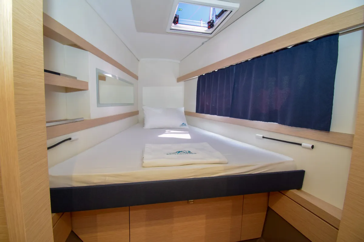 Cabin on Coco D, a Fountaine Pajot Lucia 40 catamaran at Marmaris, Turkey