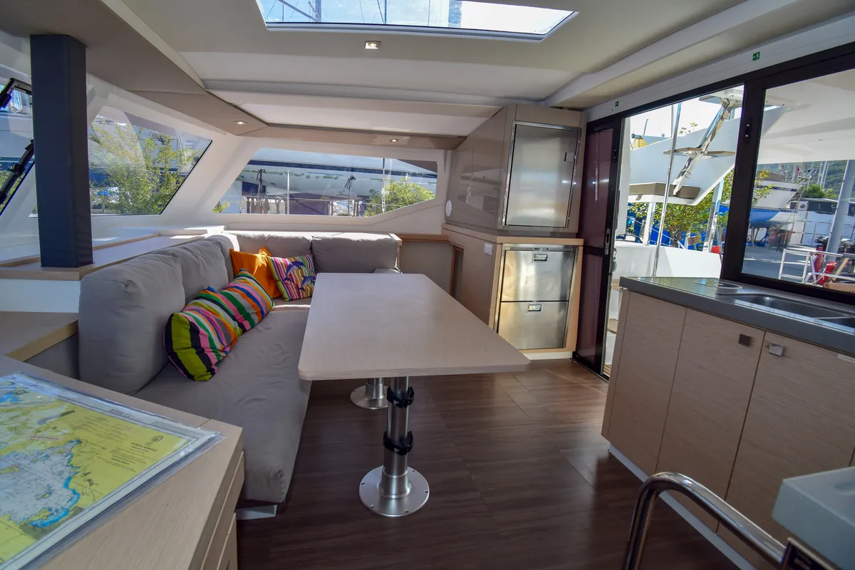 Salon of Coco D, a Fountaine Pajot Lucia 40 catamaran at Marmaris, Turkey