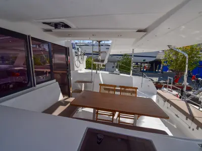 Deck of Coco D, a Fountaine Pajot Lucia 40 catamaran at Marmaris, Turkey