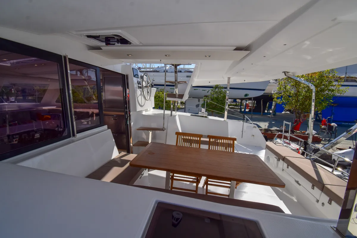 Deck of Coco D, a Fountaine Pajot Lucia 40 catamaran at Marmaris, Turkey