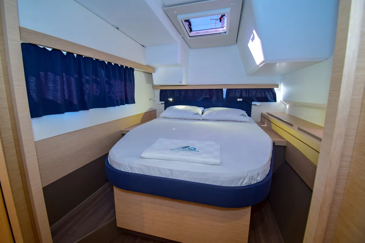 Cabin on Coco D, a Fountaine Pajot Lucia 40 catamaran at Marmaris, Turkey