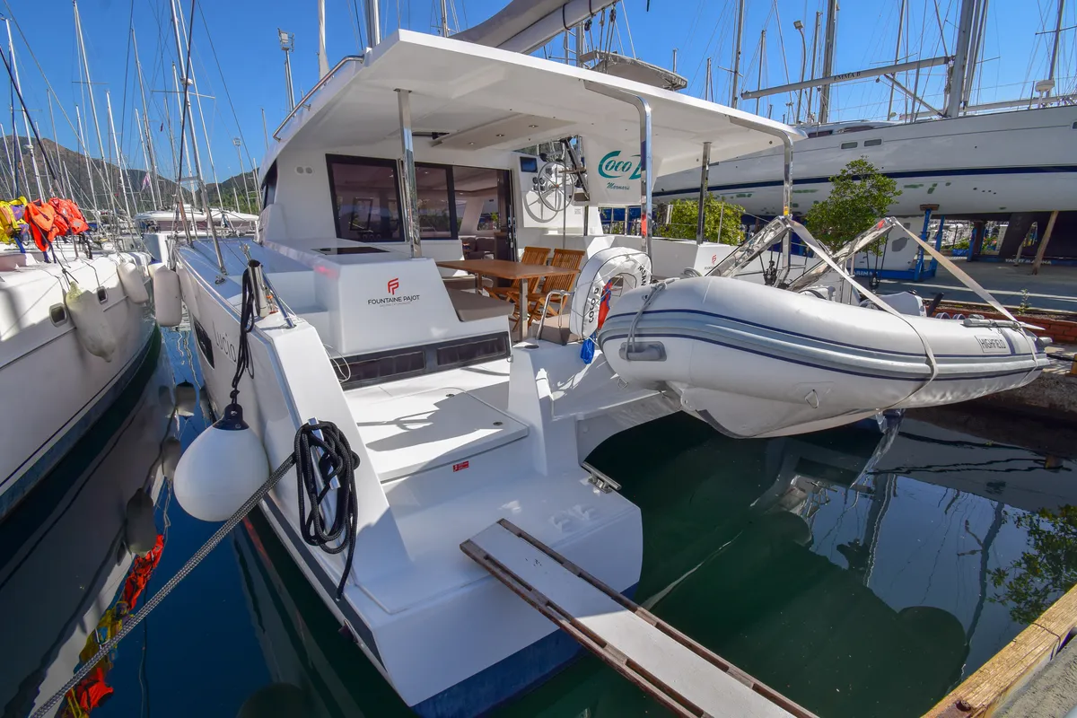 Exterior view of Coco D, a Fountaine Pajot Lucia 40 catamaran at Marmaris, Turkey