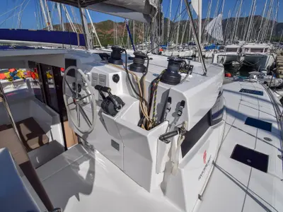 Cockpit of Coco D, a Fountaine Pajot Lucia 40 catamaran at Marmaris, Turkey