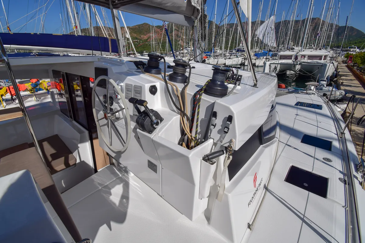 Cockpit of Coco D, a Fountaine Pajot Lucia 40 catamaran at Marmaris, Turkey