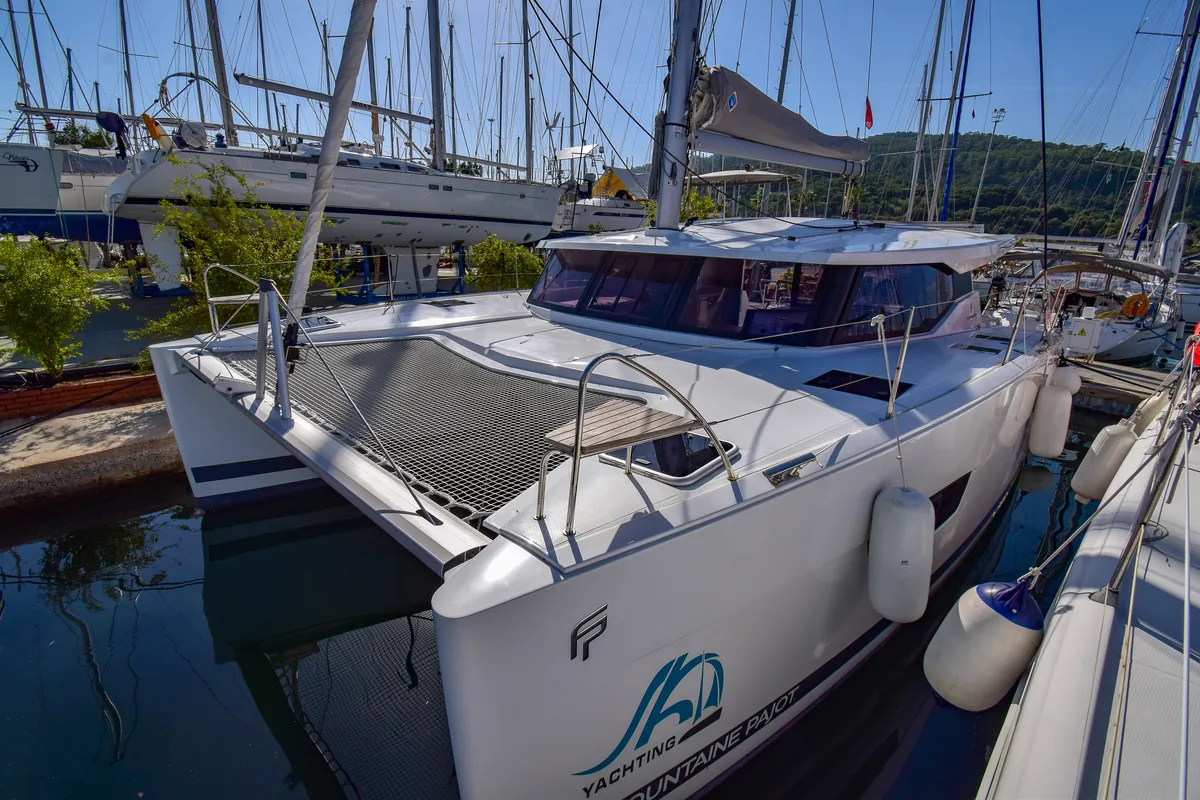 Exterior view of Coco D, a Fountaine Pajot Lucia 40 catamaran at Marmaris, Turkey