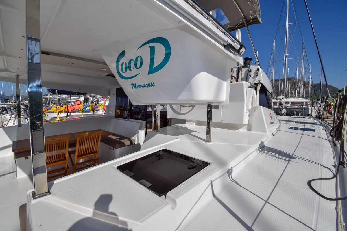 Deck of Coco D, a Fountaine Pajot Lucia 40 catamaran at Marmaris, Turkey