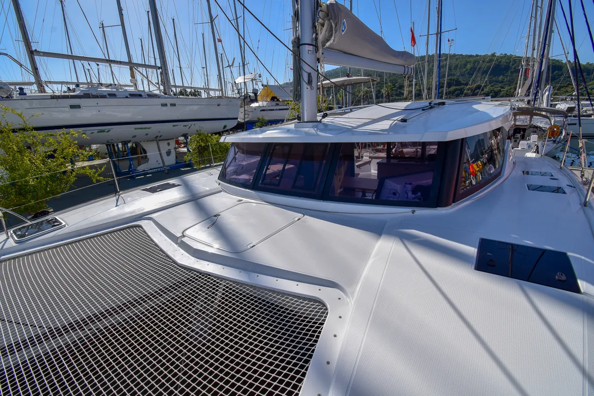 Exterior view of Coco D, a Fountaine Pajot Lucia 40 catamaran at Marmaris, Turkey