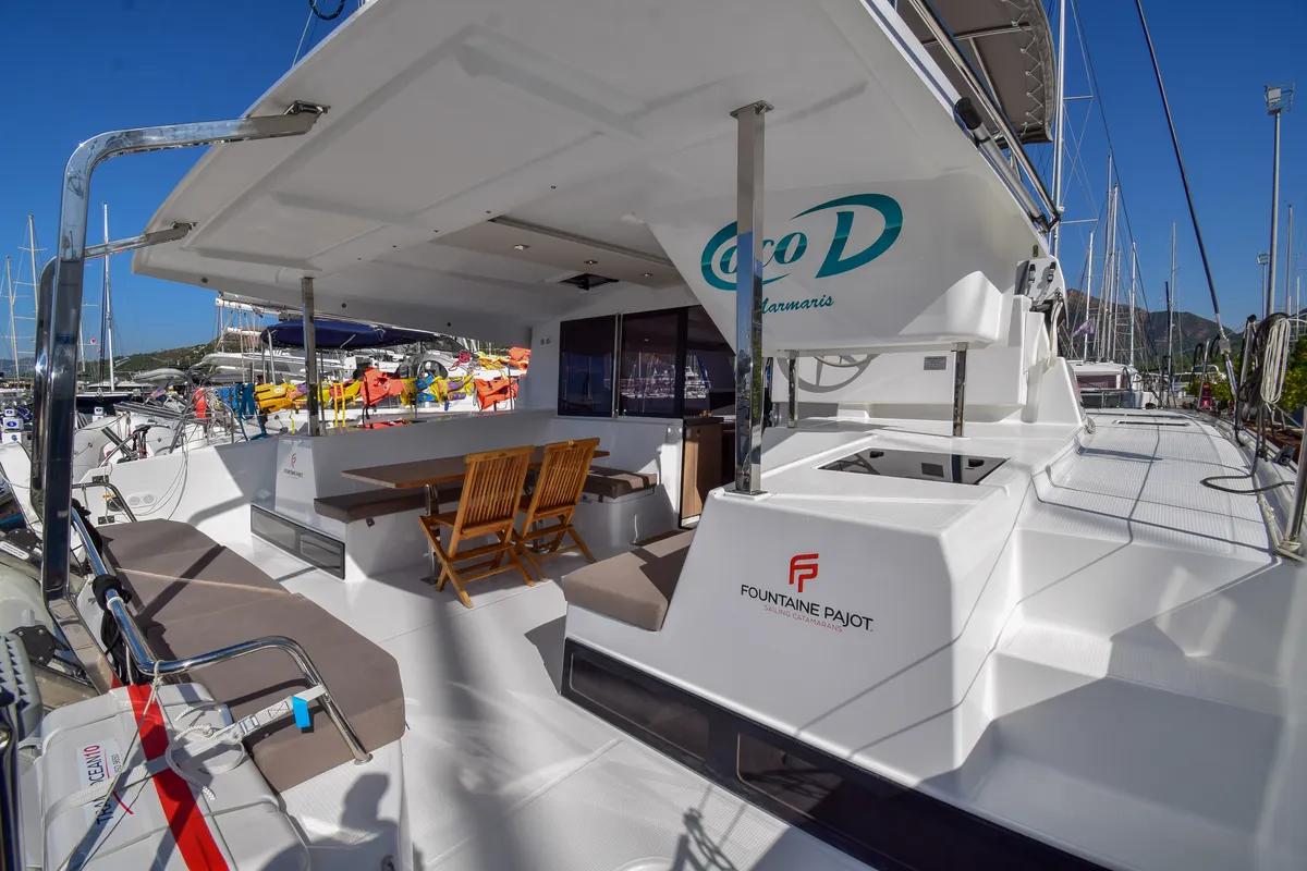 Deck of Coco D, a Fountaine Pajot Lucia 40 catamaran at Marmaris, Turkey
