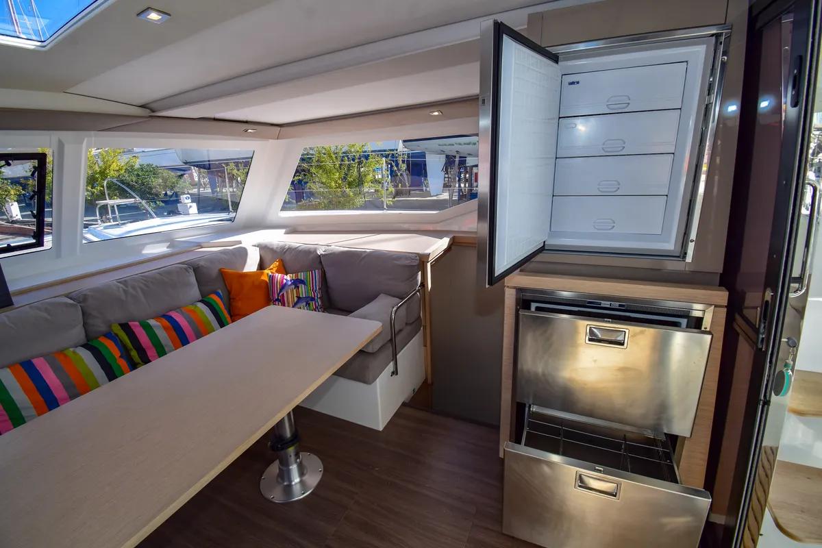 Salon of Coco D, a Fountaine Pajot Lucia 40 catamaran at Marmaris, Turkey