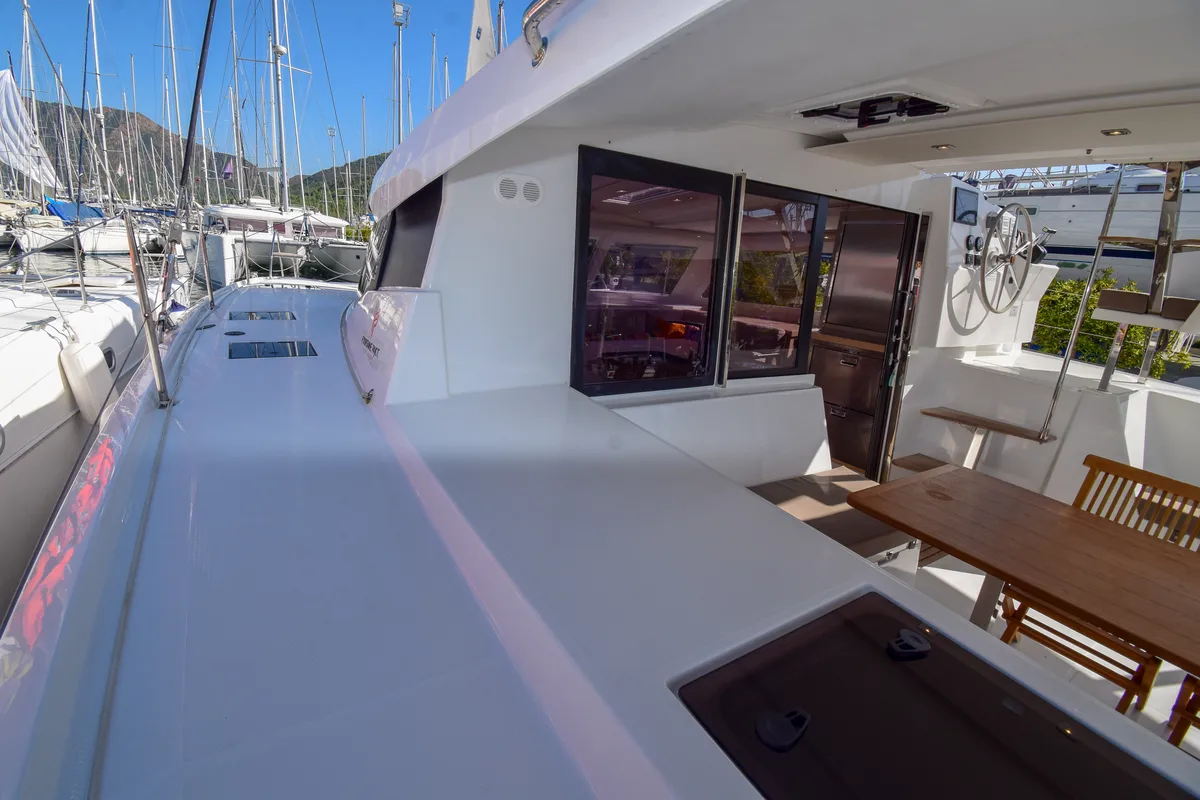 Deck of Coco D, a Fountaine Pajot Lucia 40 catamaran at Marmaris, Turkey