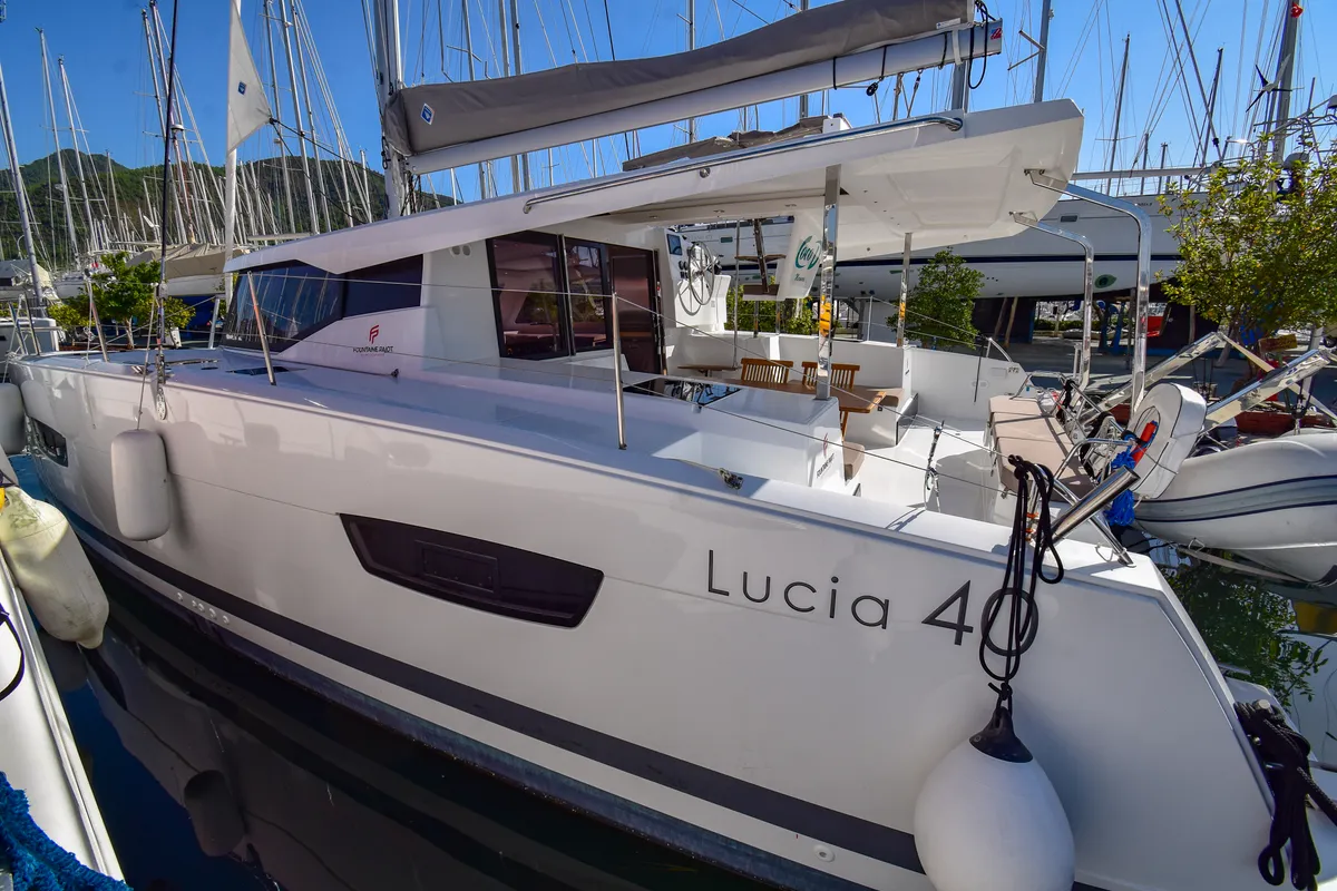 Exterior view of Coco D, a Fountaine Pajot Lucia 40 catamaran at Marmaris, Turkey