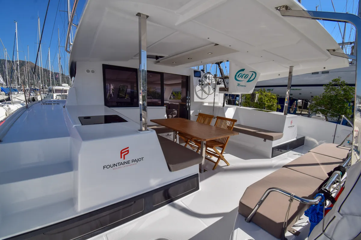 Deck of Coco D, a Fountaine Pajot Lucia 40 catamaran at Marmaris, Turkey