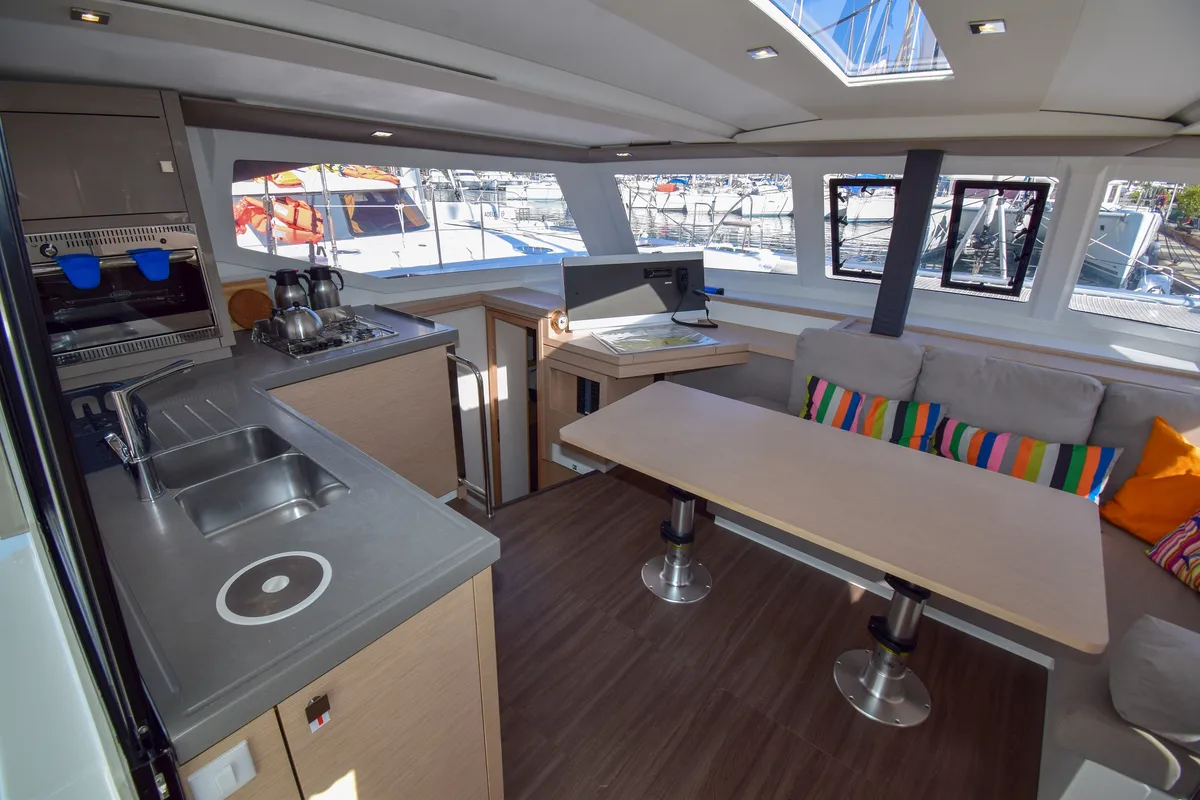 Galley of Coco D, a Fountaine Pajot Lucia 40 catamaran at Marmaris, Turkey