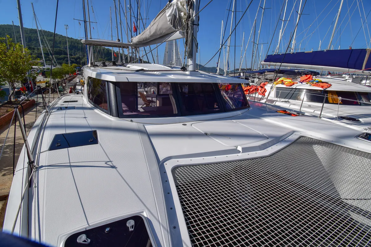 Exterior view of Coco D, a Fountaine Pajot Lucia 40 catamaran at Marmaris, Turkey