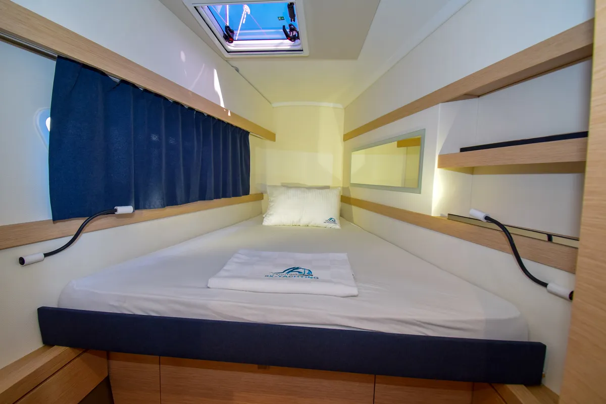 Cabin on Coco D, a Fountaine Pajot Lucia 40 catamaran at Marmaris, Turkey