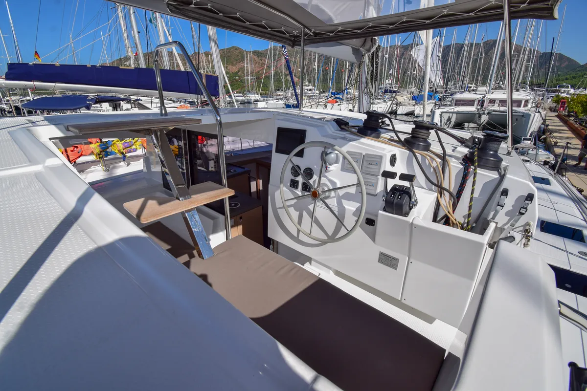 Cockpit of Coco D, a Fountaine Pajot Lucia 40 catamaran at Marmaris, Turkey