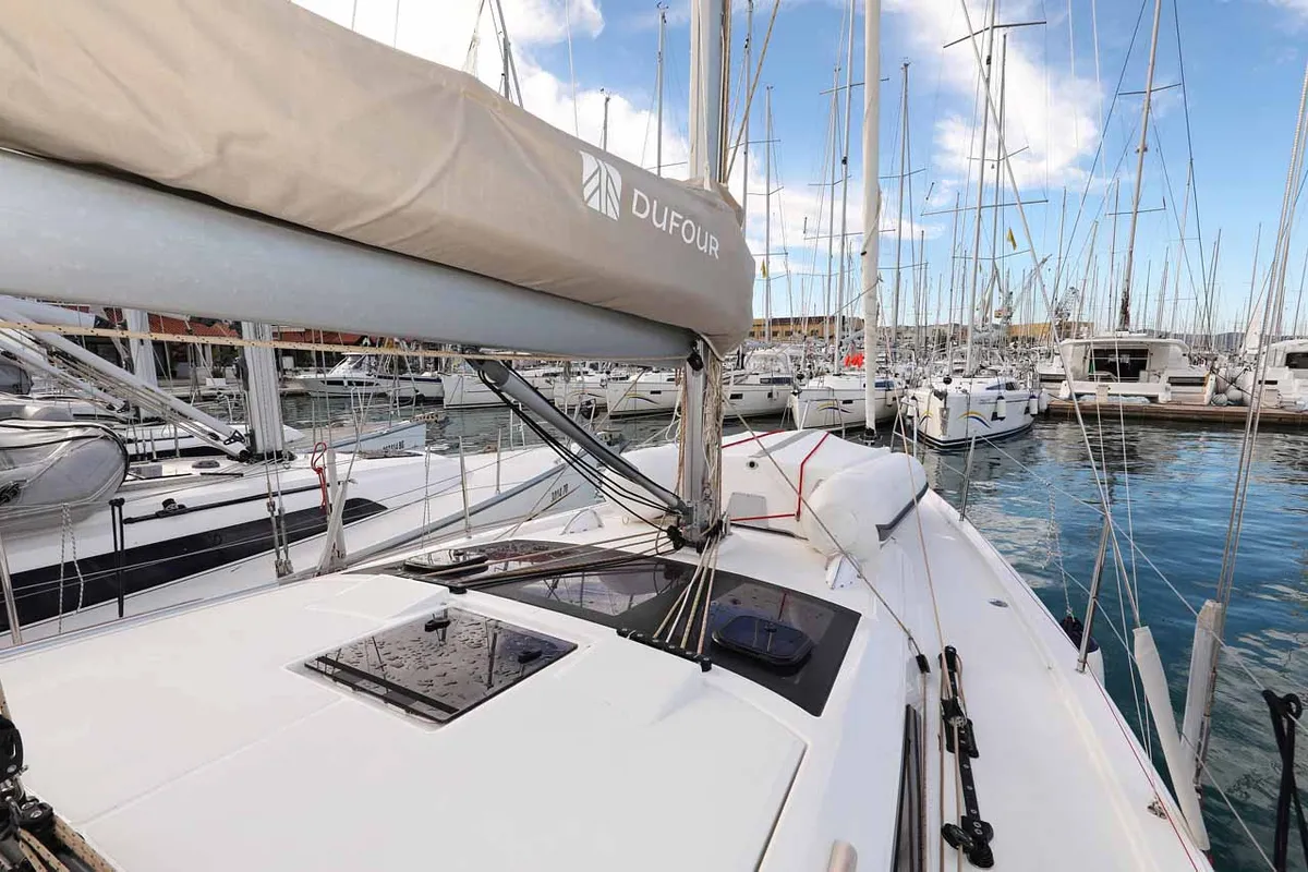 Deck of Free Spirit, a Dufour 390 sailboat at Grad Trogir, Croatia