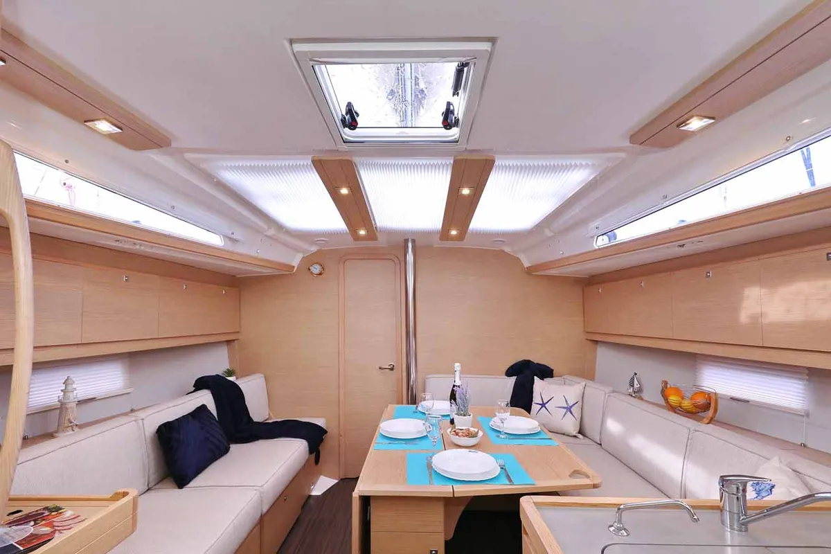 Salon of Free Spirit, a Dufour 390 sailboat at Grad Trogir, Croatia