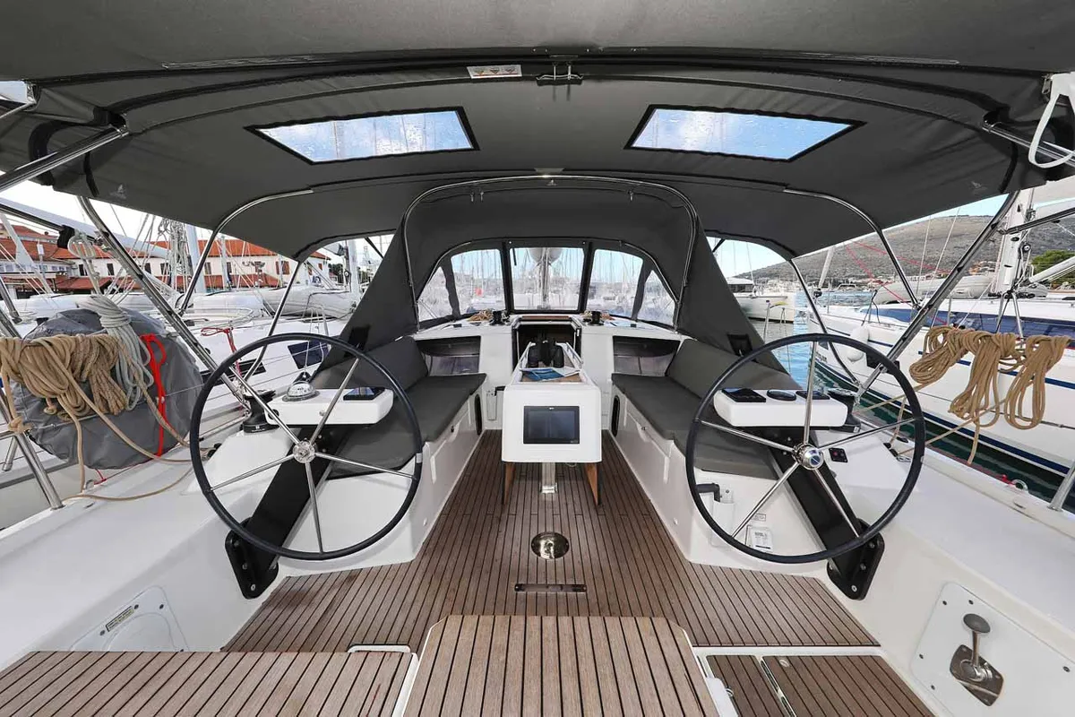 Cockpit of Free Spirit, a Dufour 390 sailboat at Grad Trogir, Croatia