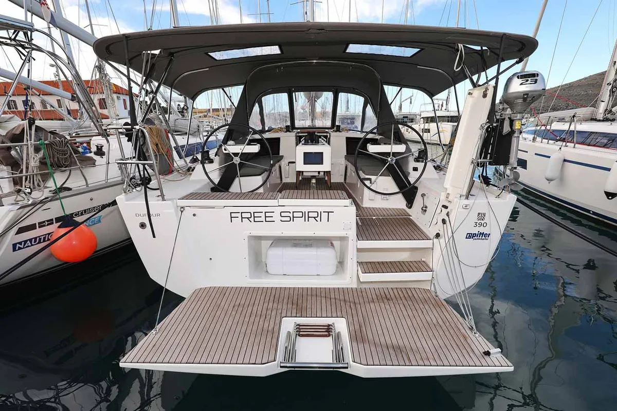 Cockpit of Free Spirit, a Dufour 390 sailboat at Grad Trogir, Croatia
