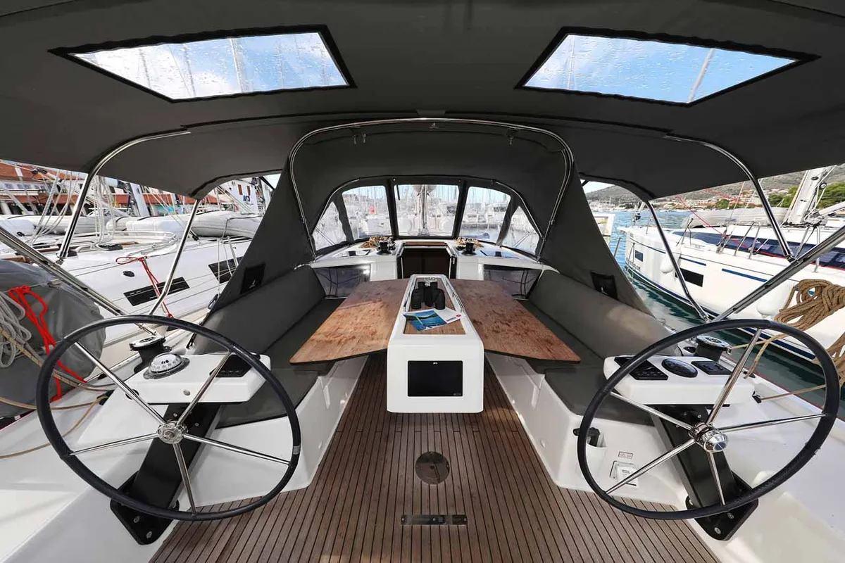 Cockpit of Free Spirit, a Dufour 390 sailboat at Grad Trogir, Croatia