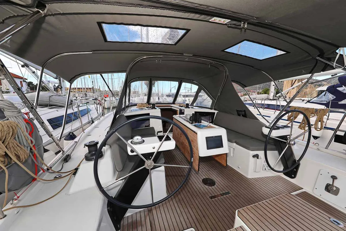 Cockpit of Free Spirit, a Dufour 390 sailboat at Grad Trogir, Croatia