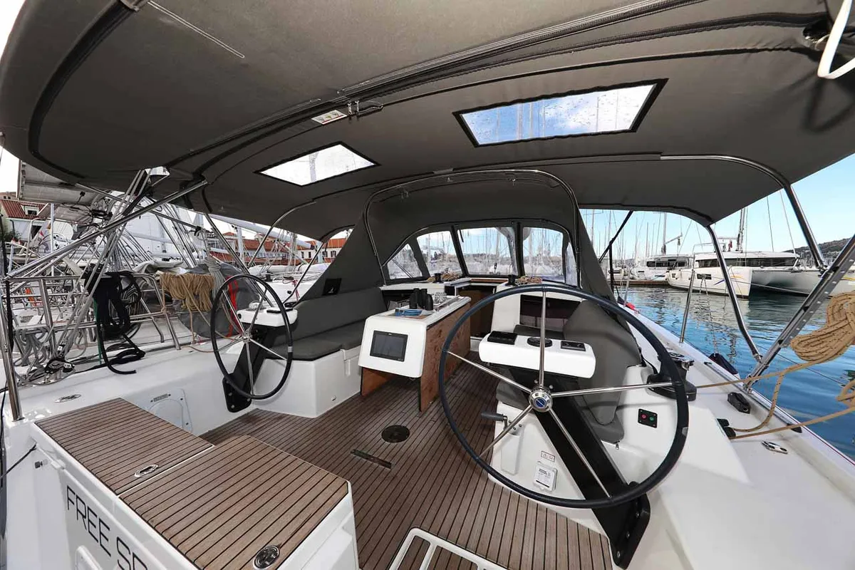 Cockpit of Free Spirit, a Dufour 390 sailboat at Grad Trogir, Croatia