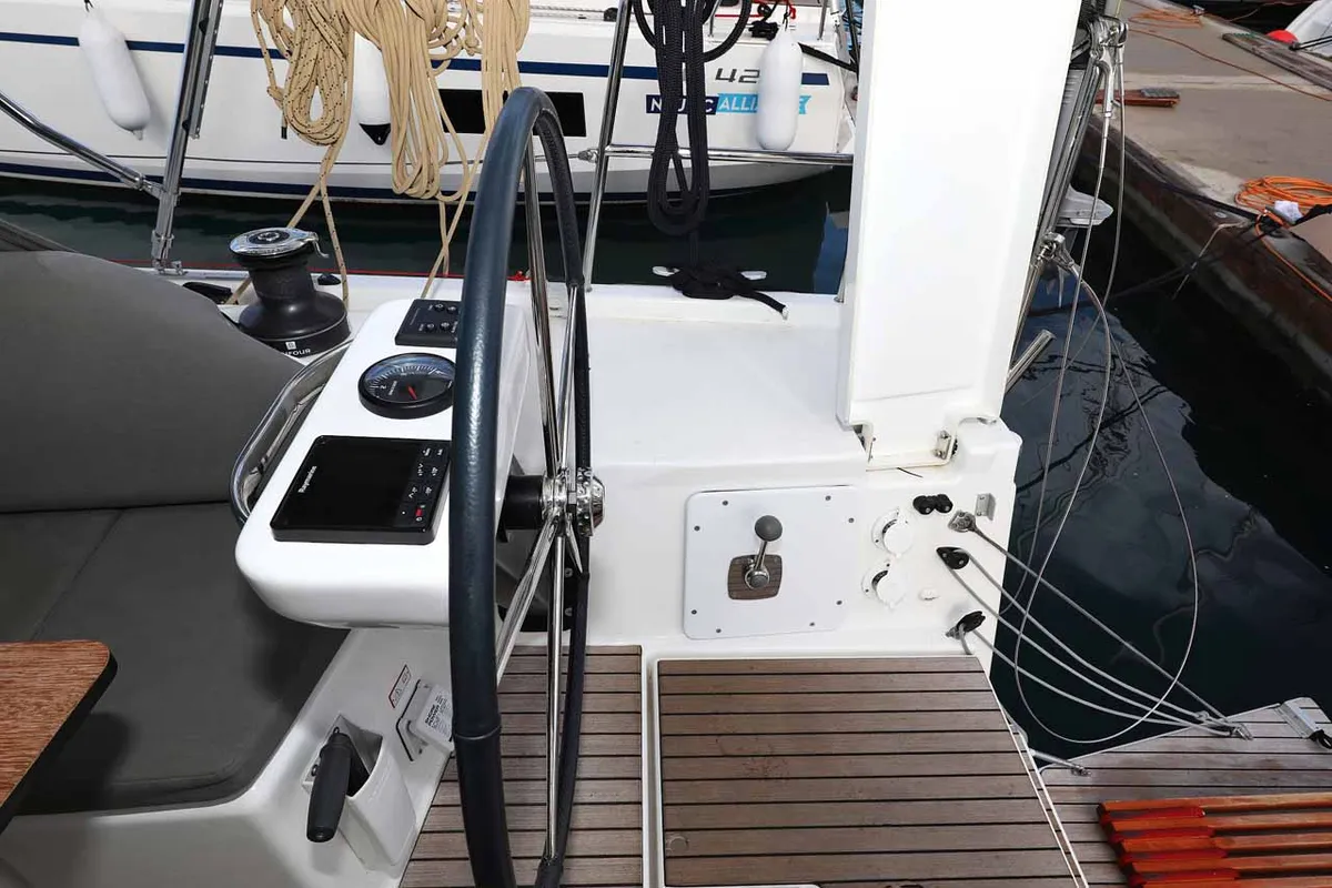 Cockpit of Free Spirit, a Dufour 390 sailboat at Grad Trogir, Croatia