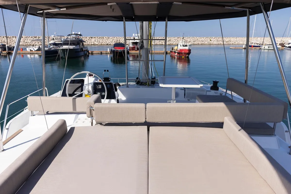 Cockpit of Divi, a Bali 4.6 catamaran at Salerno, Italy