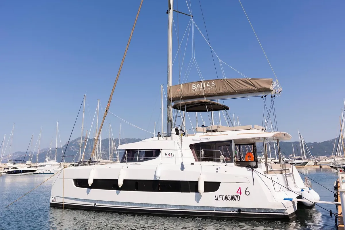 Exterior view of Divi, a Bali 4.6 catamaran at Salerno, Italy