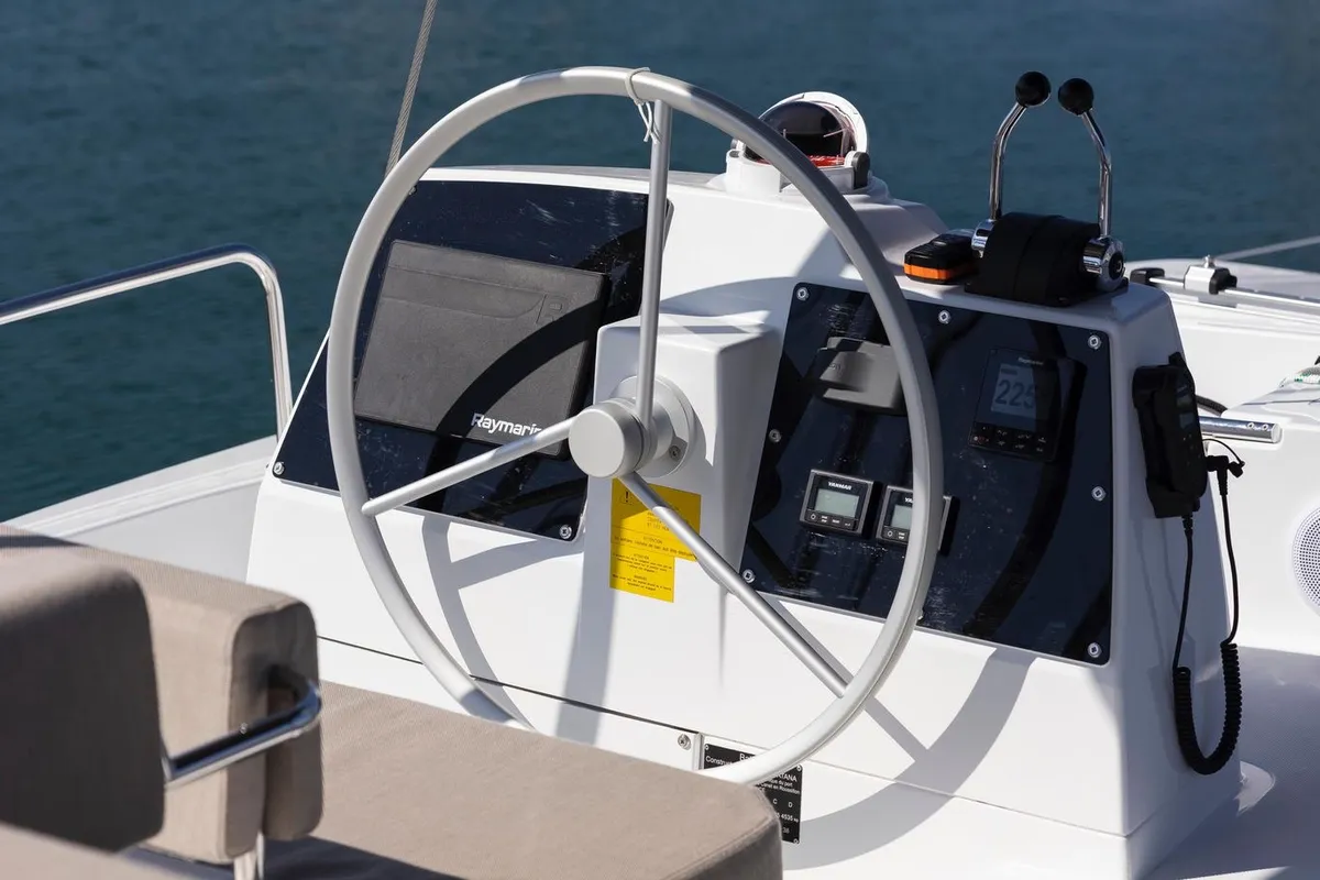 Cockpit of Divi, a Bali 4.6 catamaran at Salerno, Italy