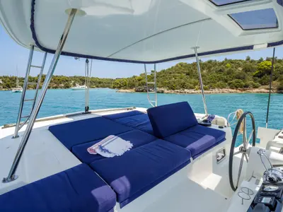 Cockpit of Zanga, a Lagoon 46 catamaran at Kranidi, Greece