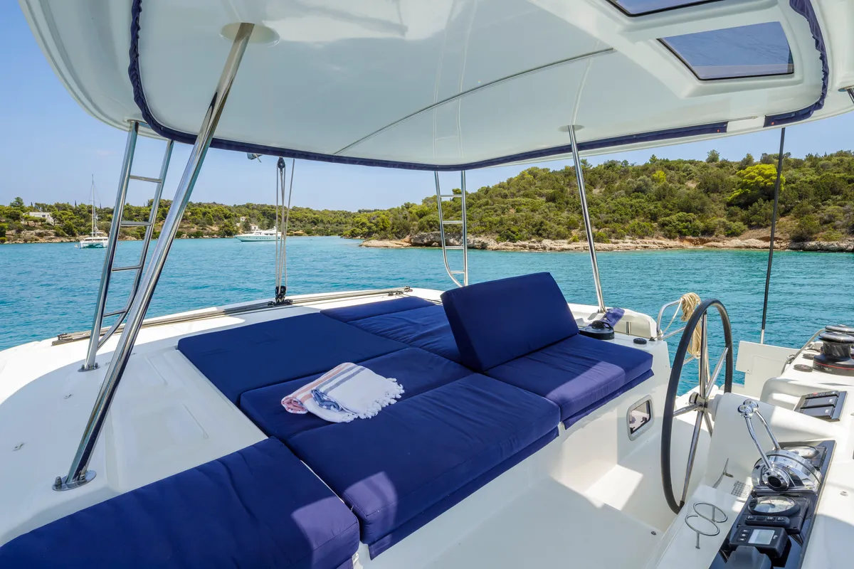 Cockpit of Zanga, a Lagoon 46 catamaran at Kranidi, Greece