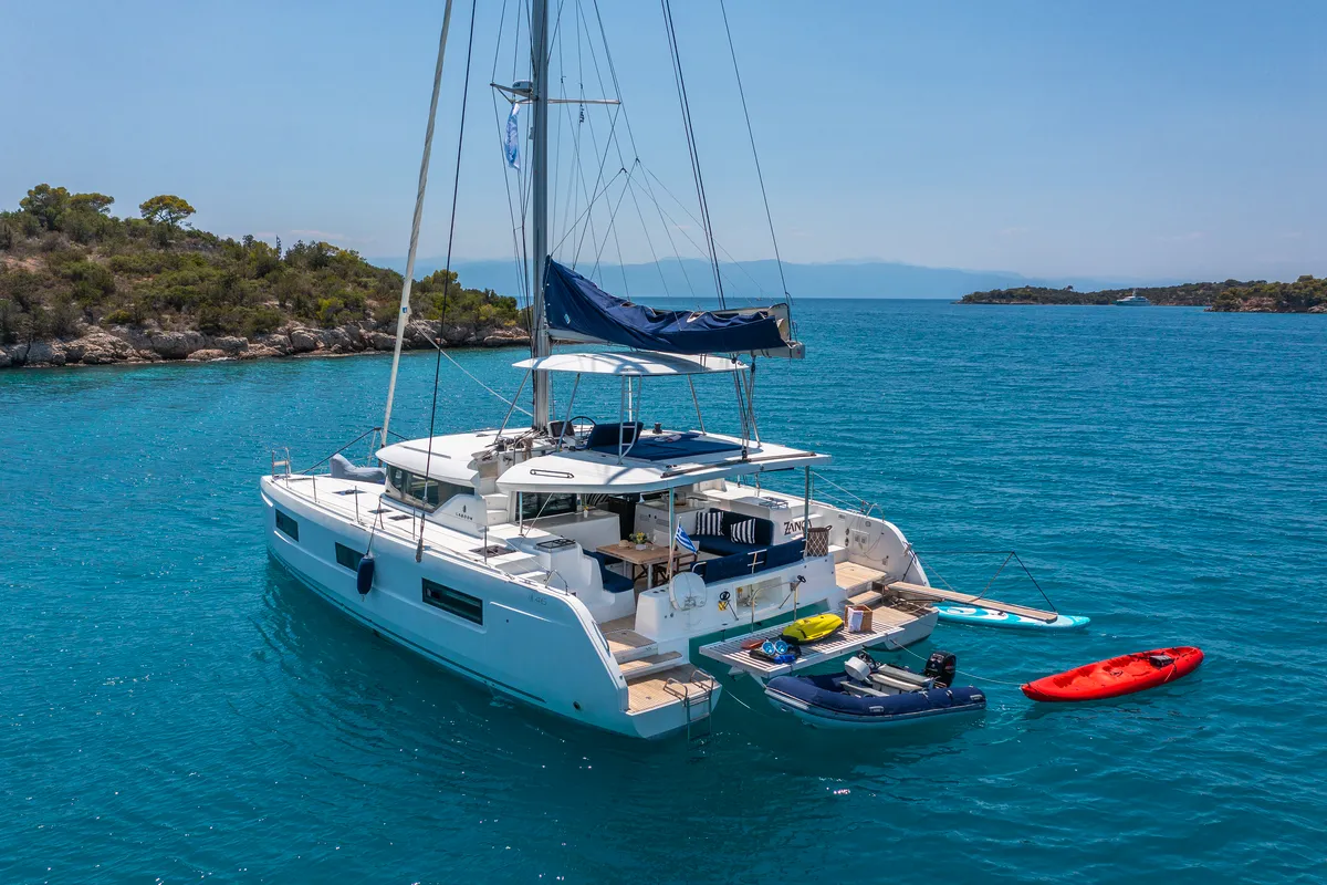 Exterior view of Zanga, a Lagoon 46 catamaran at Kranidi, Greece