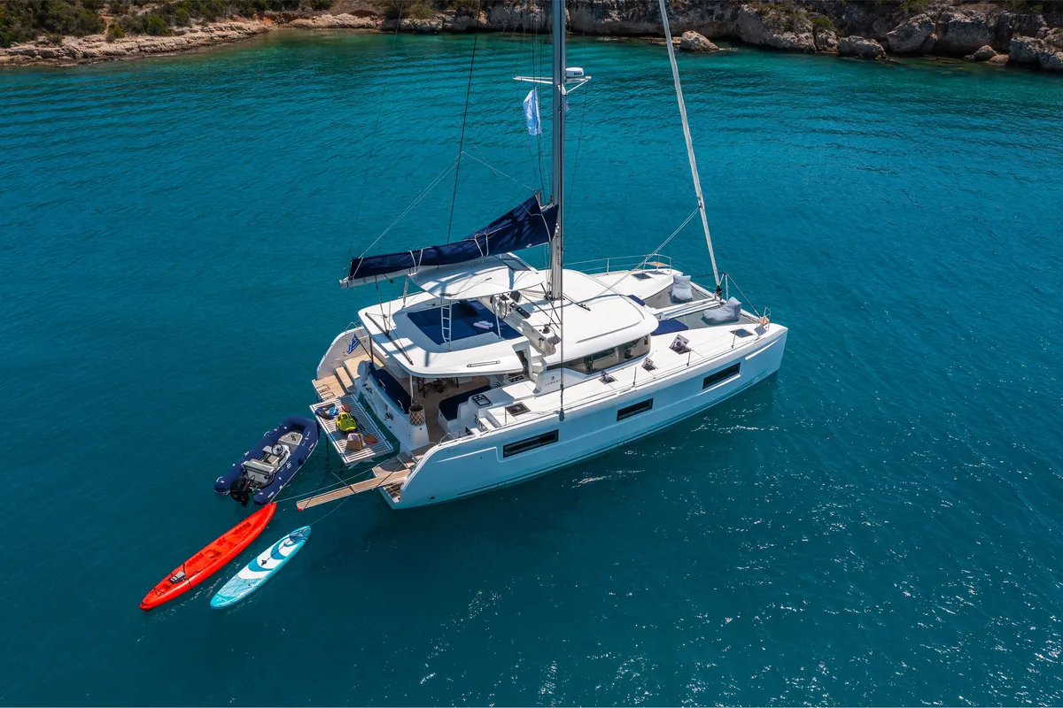 Exterior view of Zanga, a Lagoon 46 catamaran at Kranidi, Greece
