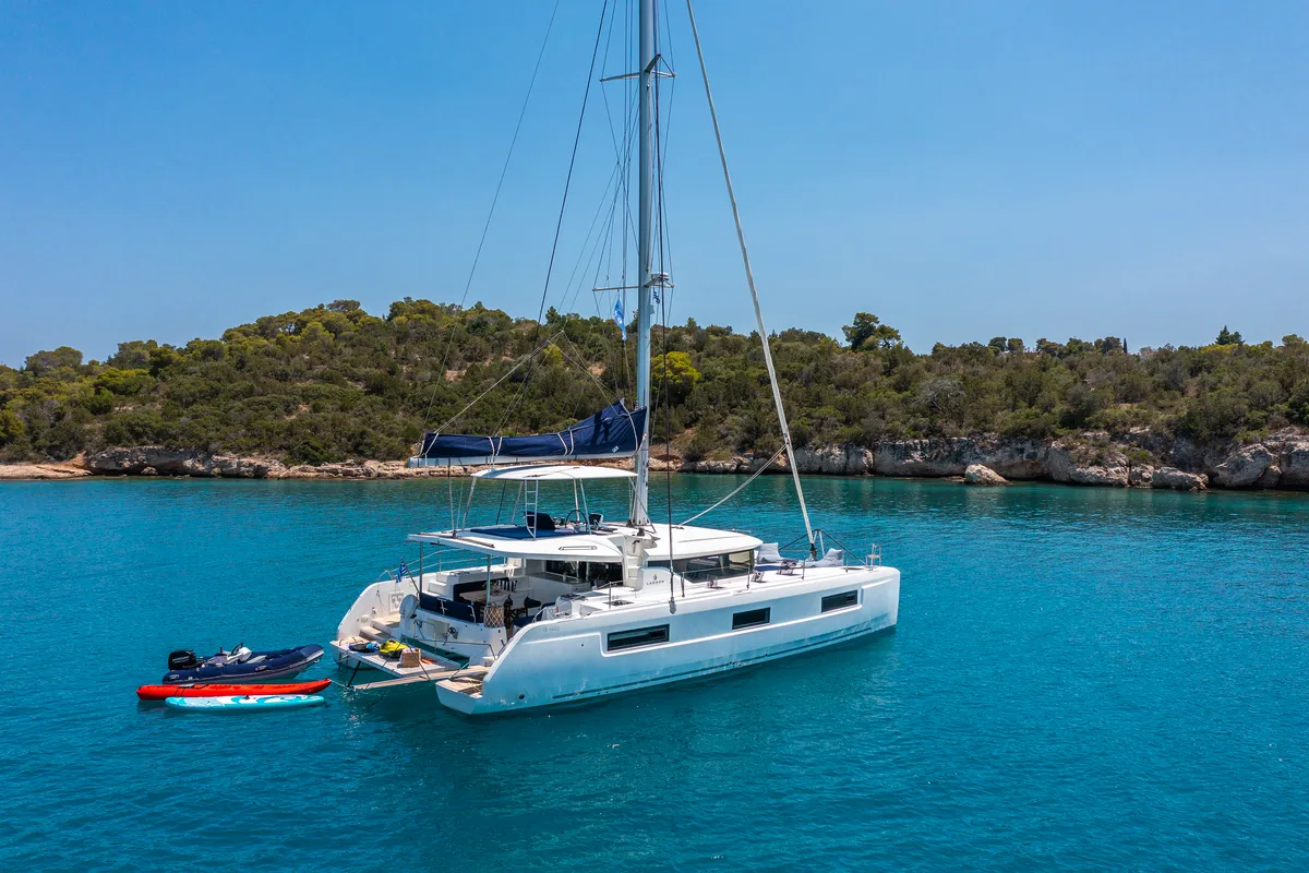 Exterior view of Zanga, a Lagoon 46 catamaran at Kranidi, Greece