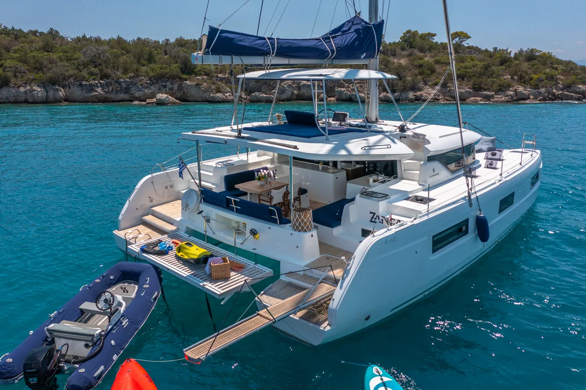 Exterior view of Zanga, a Lagoon 46 catamaran at Kranidi, Greece