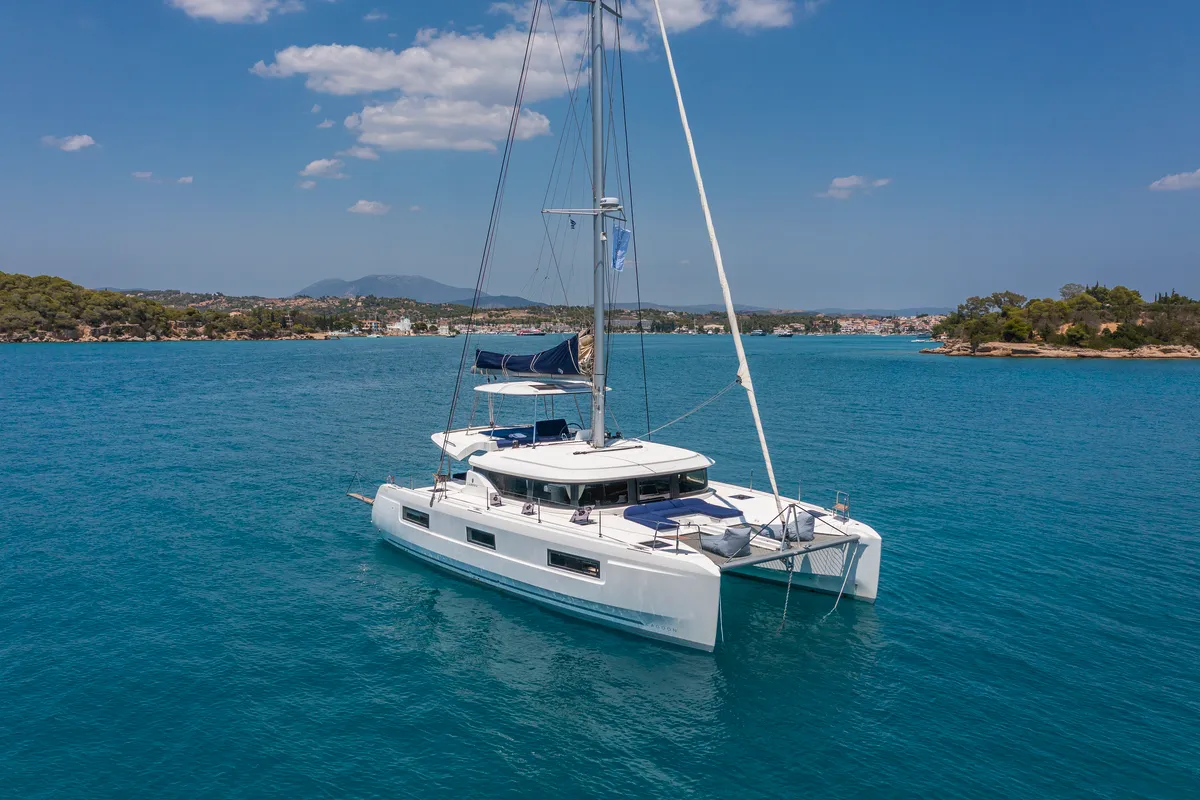 Exterior view of Zanga, a Lagoon 46 catamaran at Kranidi, Greece
