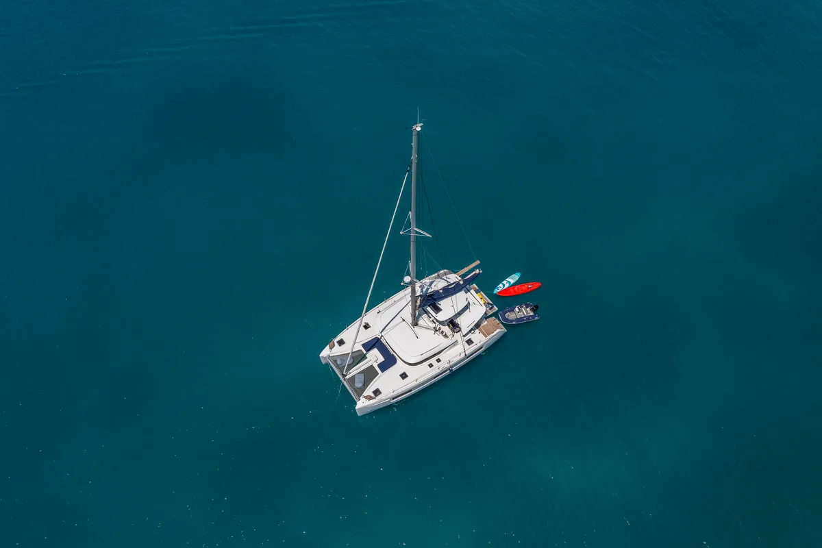 Exterior view of Zanga, a Lagoon 46 catamaran at Kranidi, Greece