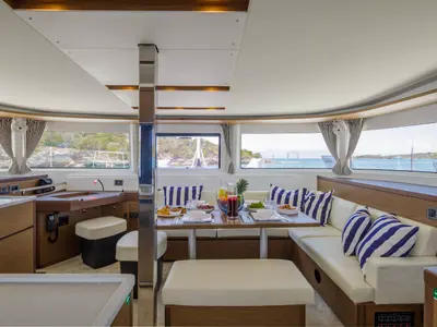 Salon of Zanga, a Lagoon 46 catamaran at Kranidi, Greece