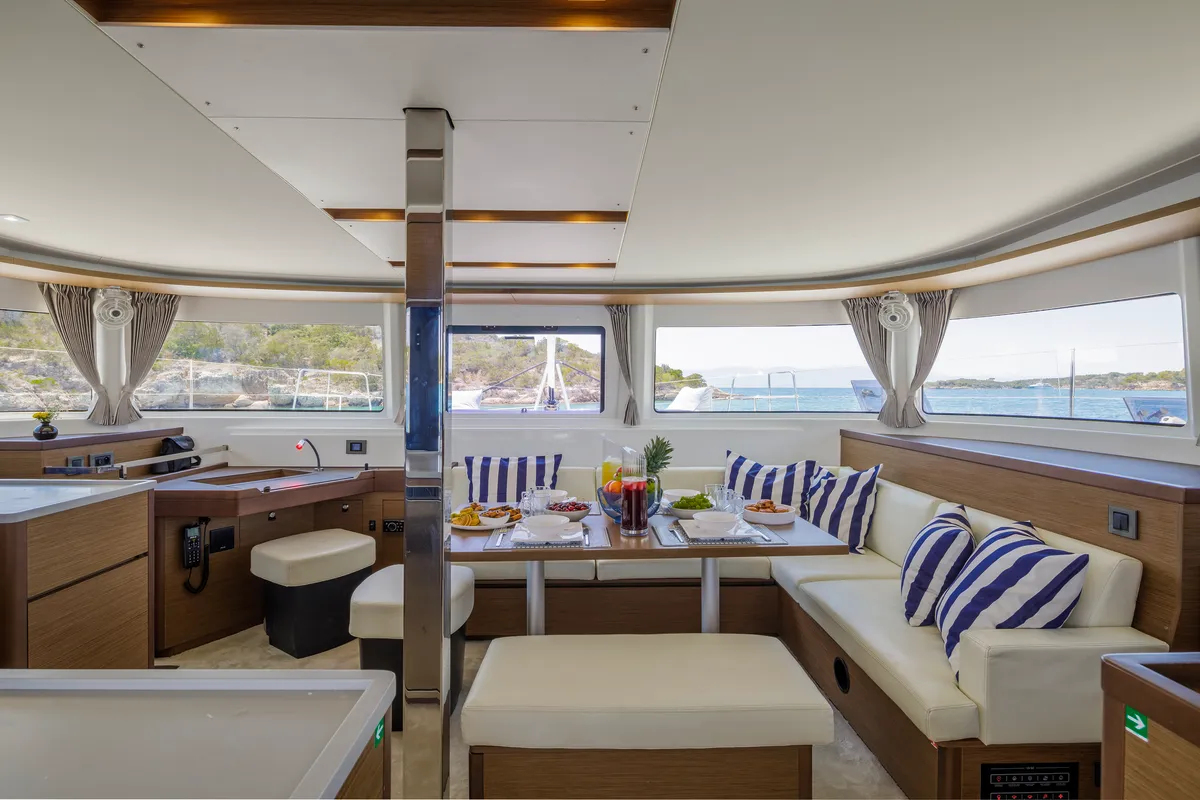 Salon of Zanga, a Lagoon 46 catamaran at Kranidi, Greece